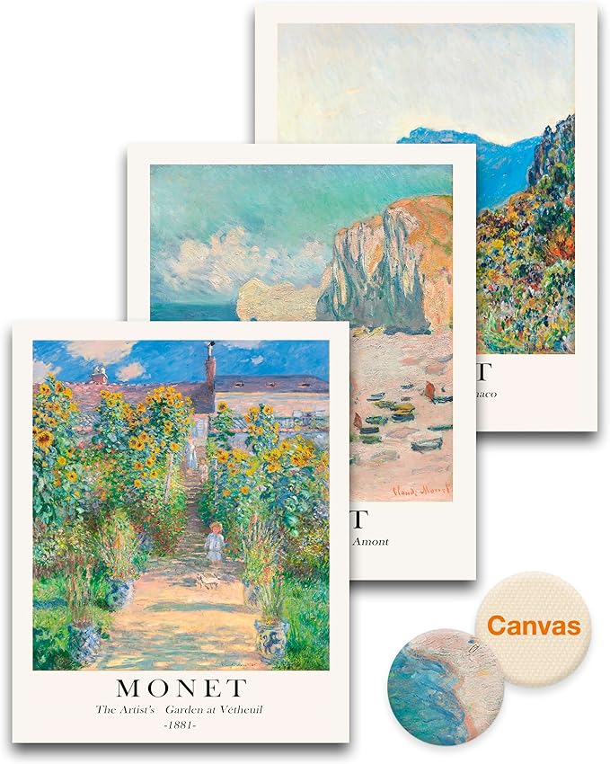 HesenDot Unframed Claude Monet Posters Set of 3, 12x16in Vintage Landscape Canvas Prints, Impressionism Paintings Wall Decoration for Living Room Bedroom Gallery Office Home