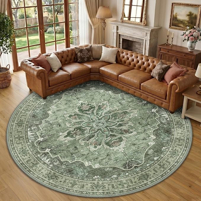 RELEANY Area Rugs Round 10ft Washable Non-Slip, Floral Vintage Distress Print Pattern Medallion Carpet for Living Room Bedroom Dining Room, Dark Green Gray
