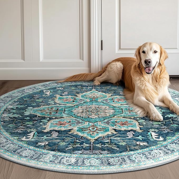 BESTSWEETIE 6ft Area Rug Washable Rugs for Living Room, No Pile Boho Carpet for Entryway Bedroom Dinning Room, Vintage Carpet Print Distressed Non-Slip, 72" Round, Teal Dark Green