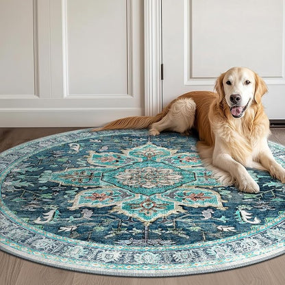 BESTSWEETIE 8ft Area Rug Washable Rugs for Living Room, No Pile Boho Carpet for Entryway Bedroom Dinning Room, Vintage Carpet Print Distressed Non-Slip, 96" Round, Teal Dark Green