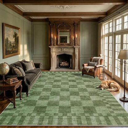 GarveeHome 8×10 Area Rugs for Living Room,Moss Green Checkered Rug，Modern Non-Slip Washable Farmhouse Geometric Checkerboard Rugs for Bedroom Dining Room Office