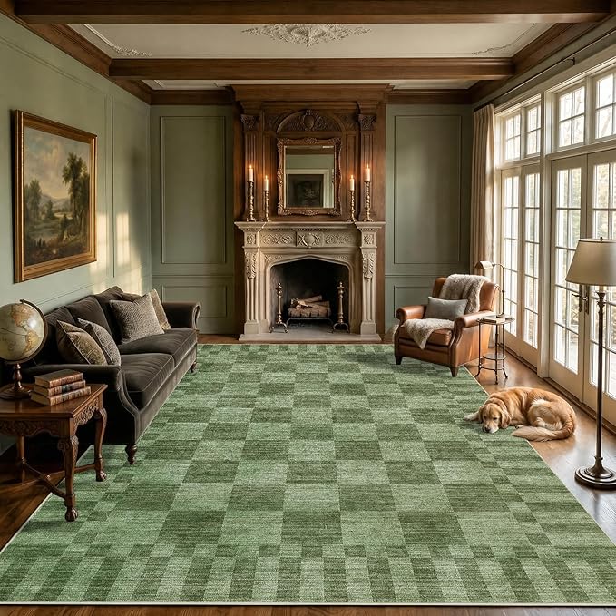 GarveeHome Moss Green Checkered Rug 6×9 Area Rugs for Living Room,Non-Slip Washable Rug Soft Low-Pile,Neutral Modern Checkerboard Farmhouse Geometric Rugs for Bedroom Dining Room