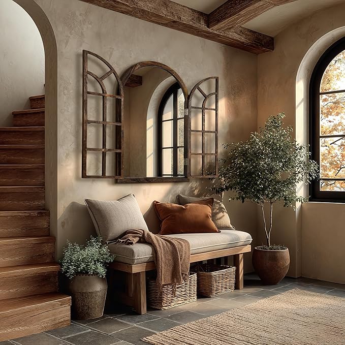 Arched Wall Mirror with Wood Window Frame, 36x24 Vintage Rustic Arch Farmhouse Mirror for Wall, Living Room, Bedroom, Entryway(Brown)