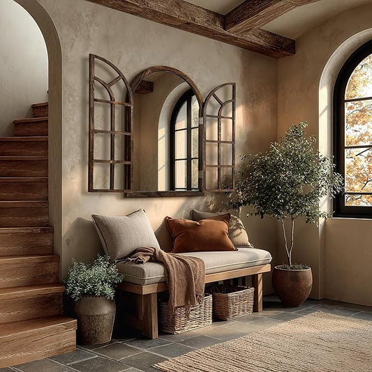 Arched Wall Mirror with Wood Window Frame, 36x24 Vintage Rustic Arch Farmhouse Mirror for Wall, Living Room, Bedroom, Entryway(Brown)
