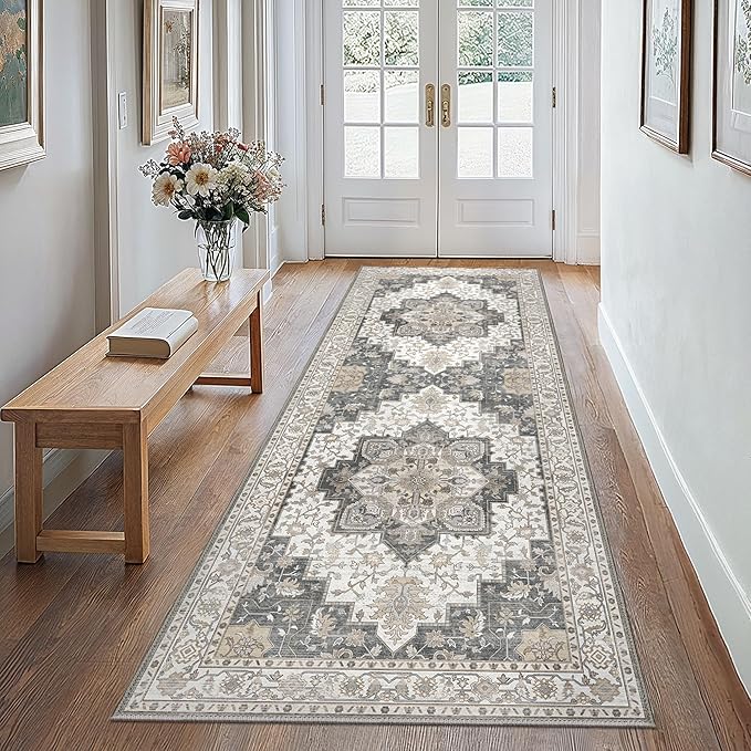 GENIMO 2x6 Runner Rugs for Hallway, Machine Washable Non Slip Vintage Retro Rugs, Low Pile Lightweight Soft Print Rug for enrtyway, Corridor, Home Office, Kitchen, Heathered Grey