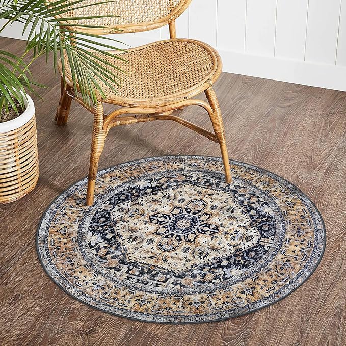 KOZYFLY Boho Round Rug 3 Ft Rugs for Entryway Washable Circle Rug Non Slip Doormat Gold/Orange/Navy Printed Faux Wool Vintage Round Entryway Rug Floor Carpet Round for Bedroom