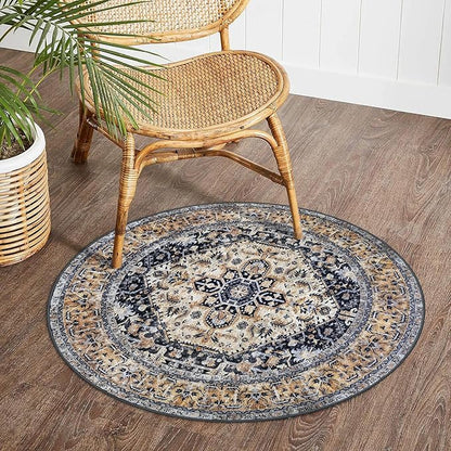 KOZYFLY Boho Round Rug 3 Ft Rugs for Entryway Washable Circle Rug Non Slip Doormat Gold/Orange/Navy Printed Faux Wool Vintage Round Entryway Rug Floor Carpet Round for Bedroom