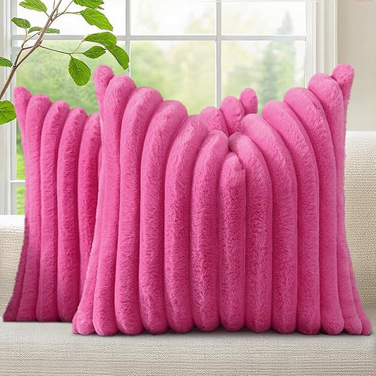 decorUhome Summer Cozy Faux Fur Throw Pillow Covers 22x22 Set of 2 Decorative Soft Plush Striped Modern Farmhouse Boho Couch Euro Sham Pillow Cases with Velvet Back for Sofa Bed Living Room, Hot Pink