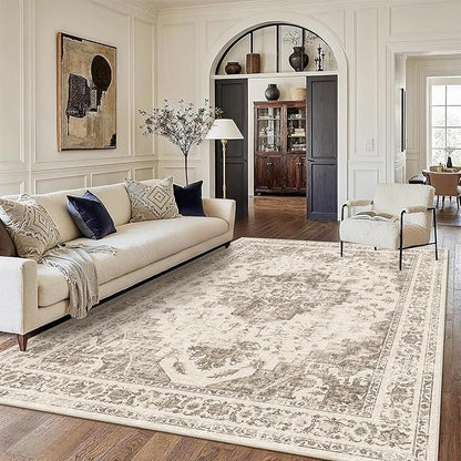 9x12 Vintage Washable Area Rugs Boho Medallion Large Distressed Retro Accent Carpet Floral Non-Slip Soft Low Pile Indoor Throw Rug for Living Room Bedroom Dining Room Office Kitchen, Taupe