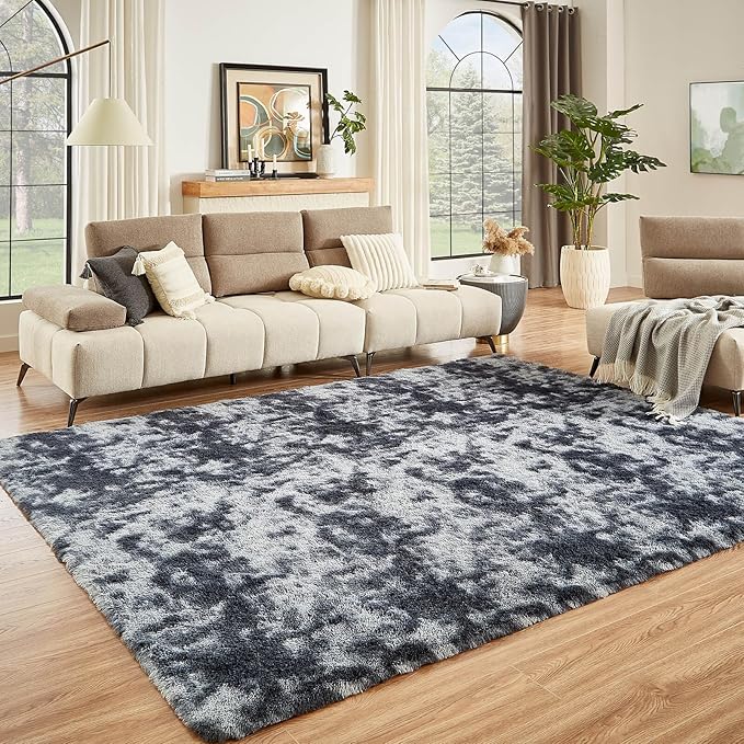 Floralux Large Shag Area Rugs 6x9 for Bedroom, Tie-Dyed Dark Grey, Plush Rugs for Living Room, Ultra Soft Fluffy Carpet, Non-Slip Indoor Floor Carpets for Kids Room, Playroom