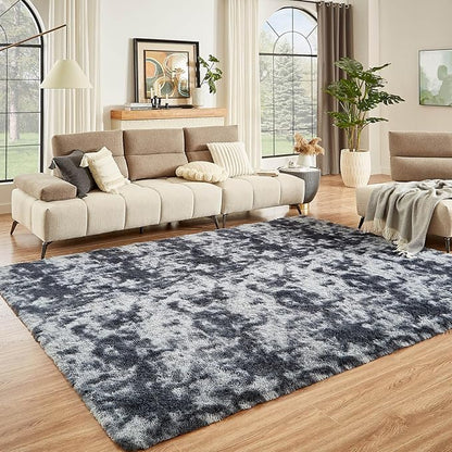 Floralux Large Shag Area Rugs 6x9 for Bedroom, Tie-Dyed Dark Grey, Plush Rugs for Living Room, Ultra Soft Fluffy Carpet, Non-Slip Indoor Floor Carpets for Kids Room, Playroom