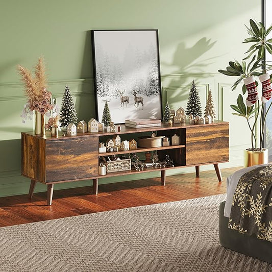 WLIVE Mid-Century Modern TV Stand for 65 70 Inch TV, Entertainment Center with Storage, Adjustable Shelves & Soft-Close, Media TV Console for Living Room/Bedroom, Retro Brown