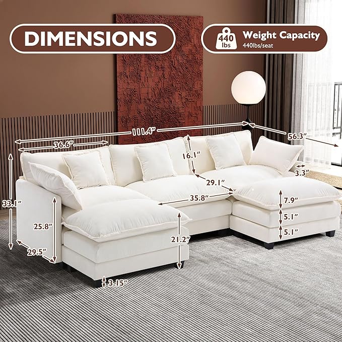 Ihanherry 111.4" U Shaped Cloud Couch Modern Modular Sectional Sofa with 2 Ottoman, 5-Seat Chenille Deep Seat Sofa with 5 Pillows for Living Room, Bedroom and Apartment, Beige