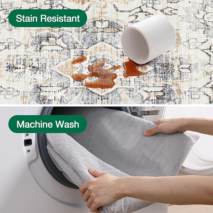 LUMI 5x8 Washable Area Rug for Living Room, Ultra Soft Stain Resistant Carpet with Non Slip Rubber Backing, Non-Shedding Low Pile Rugs for Bedroom, Dining Room, Indoor, Office