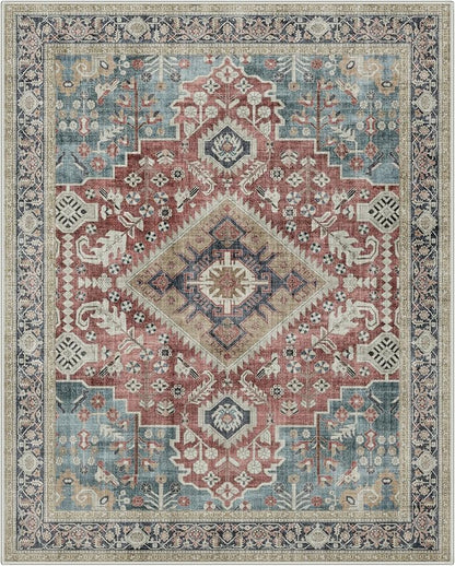 GENIMO 8X10 Washable Vintage Area Rugs for Living Room, Non-Slip Low Pile Chenille Print Rug, Soft Rugs for Bedroom Dining Room Home Office, Indigo & Flush