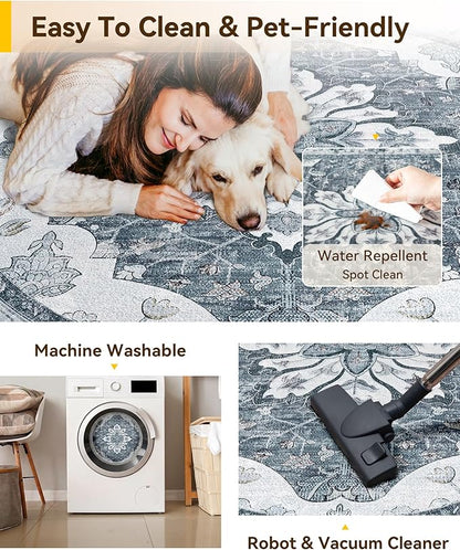 RELEANY Area Rugs Round 6ft Washable Non-Slip, Floral Vintage Distress Print Pattern Medallion Carpet for Living Room Bedroom Dining Room, Light Gray Grey White