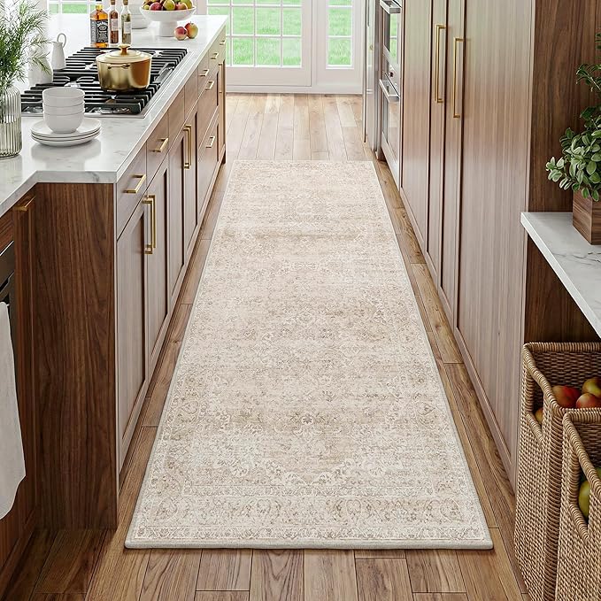 FMFUNCTEX 3x7 Hallway Runner Rug Beige Vintage Neutral Washable Distressed Non Slip Low Pile Indoor Carpet Soft Retro Entryway Rug for Kitchen Bathroom Laundry Entrance Living Room Bedroom Bedside