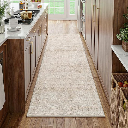 FMFUNCTEX 3x7 Hallway Runner Rug Beige Vintage Neutral Washable Distressed Non Slip Low Pile Indoor Carpet Soft Retro Entryway Rug for Kitchen Bathroom Laundry Entrance Living Room Bedroom Bedside