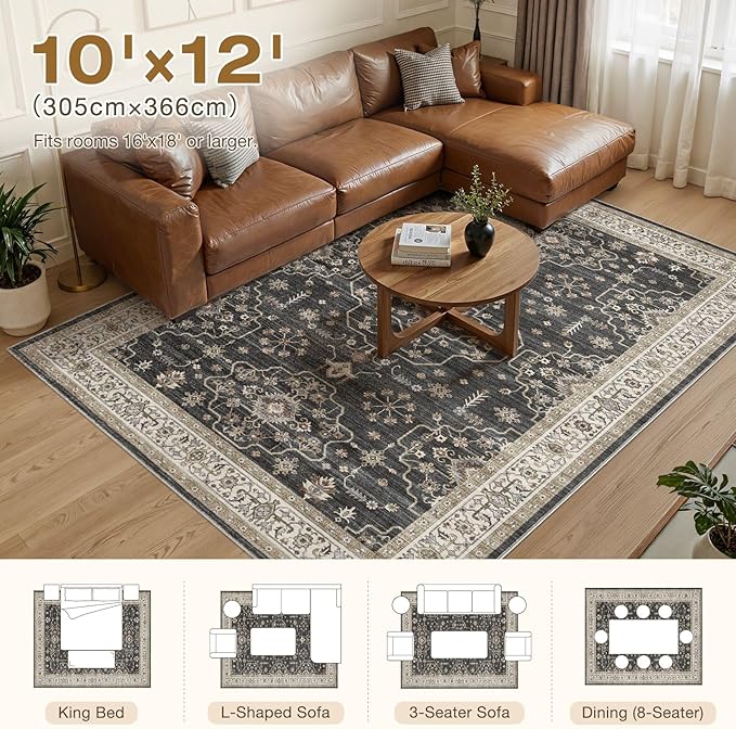 Area Rug for Living Room - 10x12 Soft Washable Oriental Vintage Floral Distressed Large Carpet - Fade Stain Resistant Non Slip Rugs for Bedroom Dining Room Nursery Dorm Office Home Decor - Black