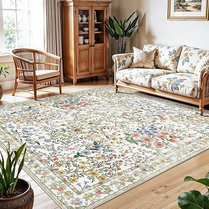 7x7 Vintage Floral Dining Room Rug - 7ft Square Low Pile Non Slip Machine Washable Area Rug, Indoor Carpet for Under Table/Bed Living Room Bedroom Office Nursery Entryway Playroom (7ft Square, Beige)