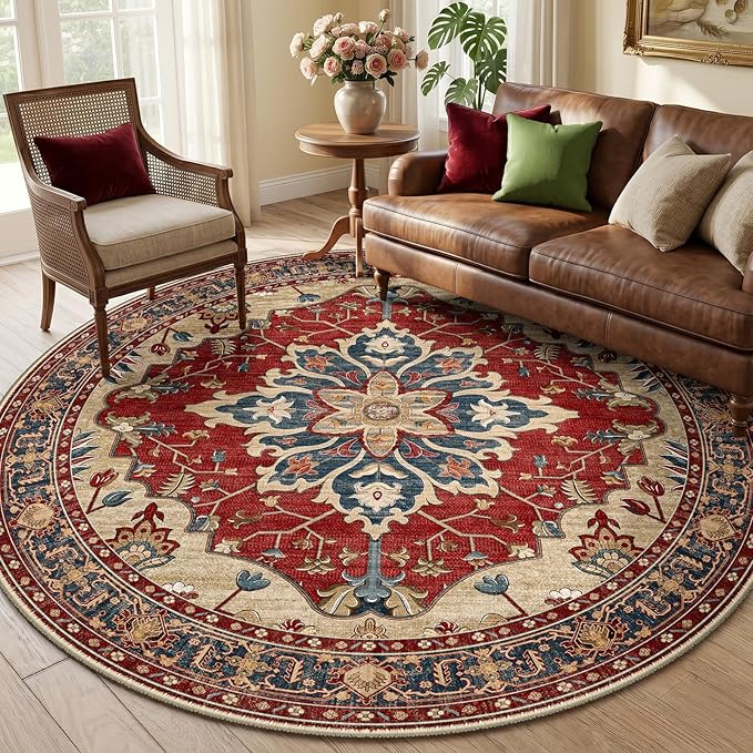 RELEANY Area Rugs Round 6ft Washable Non-Slip, Floral Vintage Distress Print Pattern Medallion Carpet for Living Room Bedroom Dining Room, Red Blue