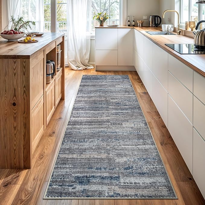 Bloom Rugs Washable Non-Slip 12 ft Runner - Gray/Blue/Blush Modern Abstract Runner for Entryway, Hallway, Bathroom, and Kitchen - Exact Size: 2.5' x 12'