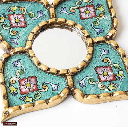 Peruvian Artisan Mirror for wall Decor– Small Diamond/Square wall Mirror with Bronze Leaf Frame (Turquoise)