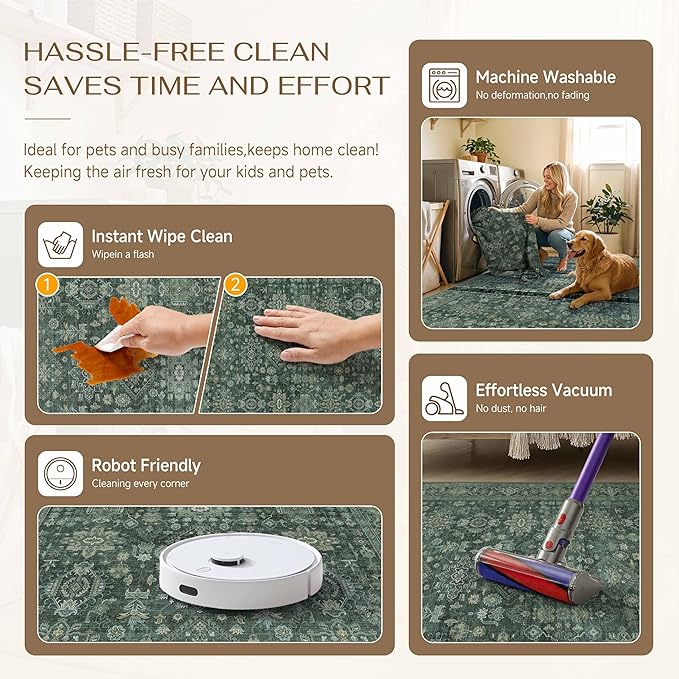 9x12 Washable Area Rug for Living Room Bedroom Vintage Green Non Slip Carpet Traditional Retro Soft Low Pile Large Throw Rug for Dining Room Kitchen Office Indoor