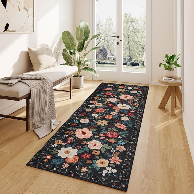 DUKINO 2x6 Runner Rug for Hallway, Washable Kitchen Runner Rug with Non Slip Backing, Low Pile Soft Boho Floral Runner for Kitchen, Hallway, Entryway, Laundry, Bedroom, Black
