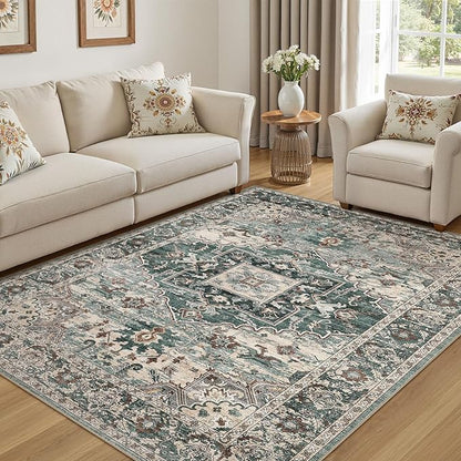5x7 Washable Area Rugs for Living Room: Non Slip Vintage Green Rug, Large Soft Stain Resistant Indoor Floor Carpets for Bedroom Dining Room Nursery Home Office Kid & Pet Friendly