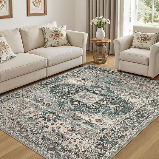 5x7 Washable Area Rugs for Living Room: Non Slip Vintage Green Rug, Large Soft Stain Resistant Indoor Floor Carpets for Bedroom Dining Room Nursery Home Office Kid & Pet Friendly
