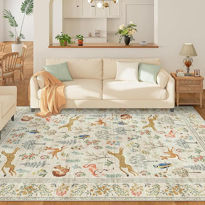 DUKINO 8x10 Rug, Washable Animal Living Room Rug with Non Slip Vintage Design, Soft Low Pile Large Carpet for Bedroom, Nursery, Dining Room, Farmhouse, Playroom, White