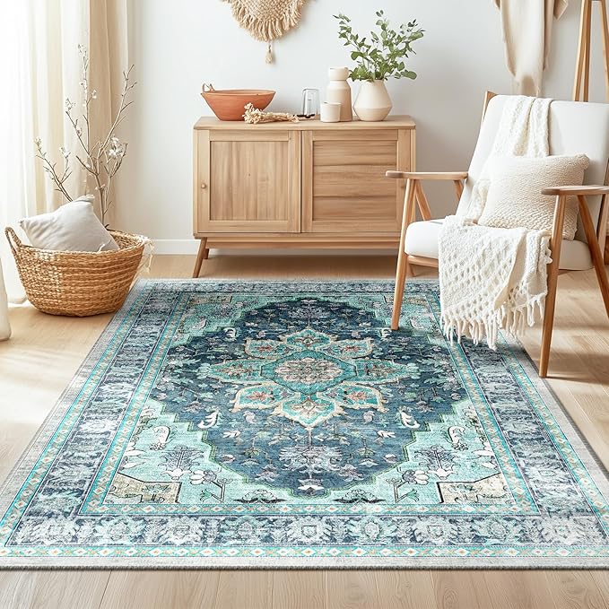 BESTSWEETIE 3x5 Area Rug Washable Rugs for Living Room, No Pile Boho Carpet for Entryway Bedroom Dinning Room, Vintage Carpet Print Distressed Non-Slip, 3 x 5 ft, Teal Dark Green