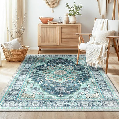 BESTSWEETIE 3x5 Area Rug Washable Rugs for Living Room, No Pile Boho Carpet for Entryway Bedroom Dinning Room, Vintage Carpet Print Distressed Non-Slip, 3 x 5 ft, Teal Dark Green