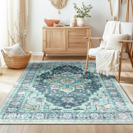 BESTSWEETIE 3x5 Area Rug Washable Rugs for Living Room, No Pile Boho Carpet for Entryway Bedroom Dinning Room, Vintage Carpet Print Distressed Non-Slip, 3 x 5 ft, Teal Dark Green