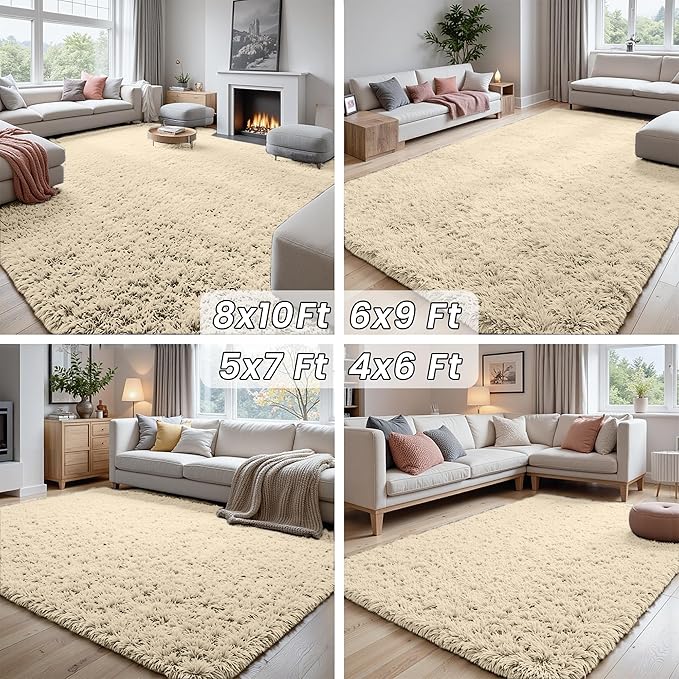 2x6 Bedside Area Rugs for Bedroom: Soft Fluffy Shag Beige Rug for Hallway, Non-Slip Fuzzy Plush Living Room Rug Indoor Floor Carpet for Kids Rooms, Dorm, Nursery, Modern Home Aesthetic Decor