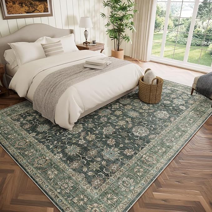 Washable 8x10 Area Rugs for Living Room, Boho Non-Slip Vintage Distress Large Rugs for Bedroom Dining Room Nursery Office, 0.3" Neutral Oriental Throw Thin Carpet, Sage Green/Multi, E1