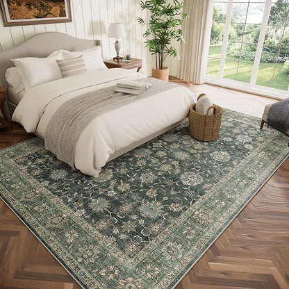 Washable 8x10 Area Rugs for Living Room, Boho Non-Slip Vintage Distress Large Rugs for Bedroom Dining Room Nursery Office, 0.3" Neutral Oriental Throw Thin Carpet, Sage Green/Multi, E1