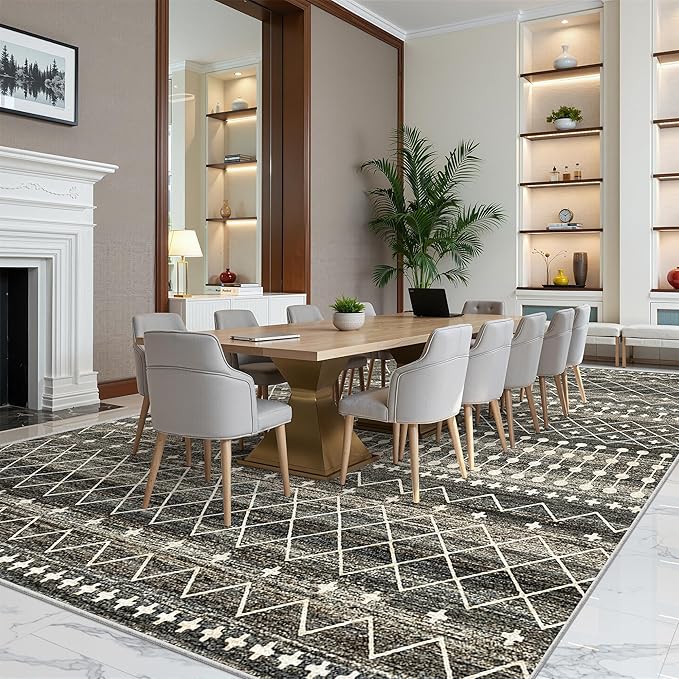 Miukiki 10x14 Area Rugs for Living Room Moroccan Washable Rugs Non Slip Indoor Floor Carpet Foldable Large Soft Area Rug with Low Pile for Dining Room Bedroom Office(Black,10'x14')