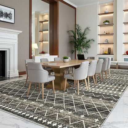 Miukiki 10x14 Area Rugs for Living Room Moroccan Washable Rugs Non Slip Indoor Floor Carpet Foldable Large Soft Area Rug with Low Pile for Dining Room Bedroom Office(Black,10'x14')