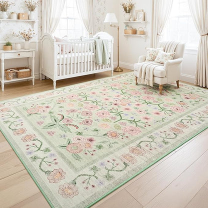 Maxsoft Large Area Rugs for Living Room Bedroom, 5x7 Washable Floral Area Rugs, Non-Slip and Stain Resistant Soft Throw Indoor Carpet for Dining Room Office Kitchen Dorm Home Decor, Green