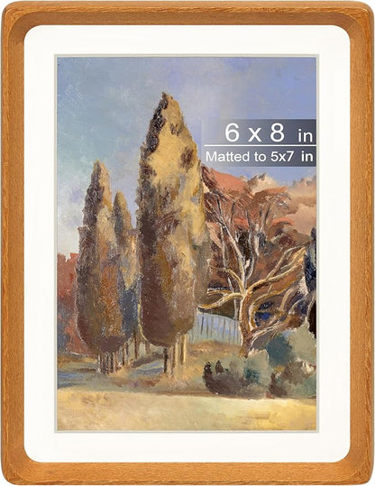 6x8 Picture Frame with Mat for 5x7, Natural Teak Wood Handcrafted Rounded Corner with Real Glass, Vertical or Horizontal Display Photo Gallery Wall & Tabletop Frame
