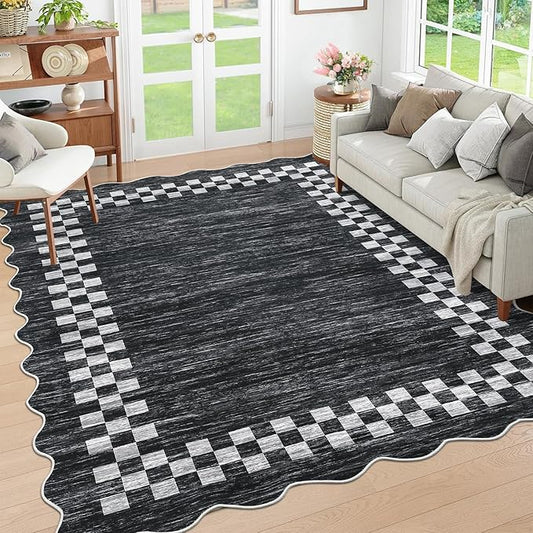 Small Bedroom Area Rug 3x5 Checkered Area Rug for Living Room Nursery Non Slip Kitchen Throw Carpet Low Pile Modern Bordered Rugs Washable Bathroom Mat Soft Brown Rugs for Laundry Entryway, Grey