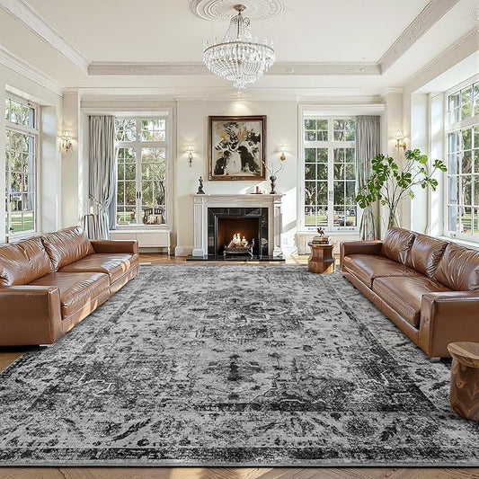 YOH Boho Washable Rug 8x10, Black Vintage Non Slip Area Rug, Distressed Indoor Carpet for Living Room Bedroom Kitchen Office