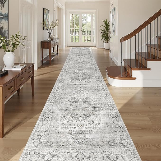 Washable 2.6x16 Runner Rug - Non Slip Long Vintage Hallway Runner Rugs for Kitchen Stain Resistant Indoor Mat Waterproof Carpet for Living Room Entryway Ivory/Gray