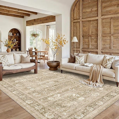 9x12 Beige Washable Area Rugs for Living Room Non Slip Low Pile Vintage Throw Rug Khaki Soft Retro Distressed Floral Large Carpet Indoor for Bedroom Dining Room Office Kitchen Playroom