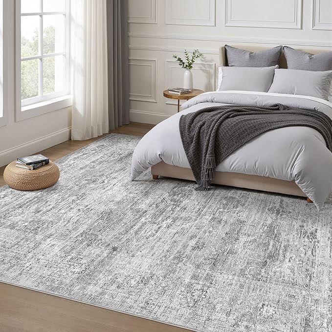 Grey Rug 7x9 Area Rug: Washable Boho Large Vintage Neutral Soft Rugs Stain Resistant Farmhouse Non-Slip Indoor Floor Carpet for Living Room Bedroom Playroom Office Dining Room Apartment Dorm
