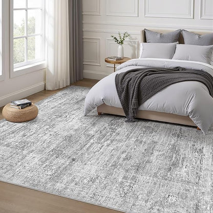 Grey Rug 7x9 Area Rug: Washable Boho Large Vintage Neutral Soft Rugs Stain Resistant Farmhouse Non-Slip Indoor Floor Carpet for Living Room Bedroom Playroom Office Dining Room Apartment Dorm