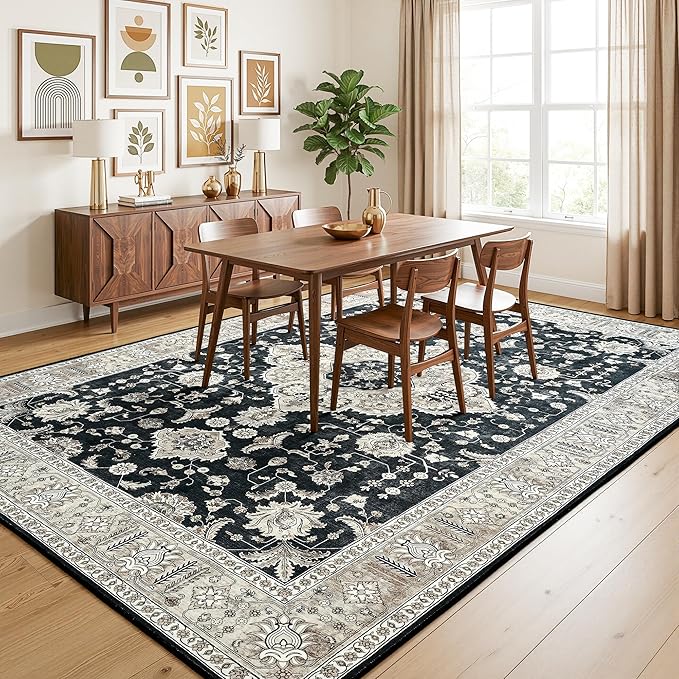 Maxsoft Large Area Rugs for Living Room Bedroom, 6x9 Black Gold Washable Rug with Rubber Backing, Non-Slip and Stain Resistant Soft Throw Indoor Carpet for Dining Room Office Kitchen Dorm Home Decor