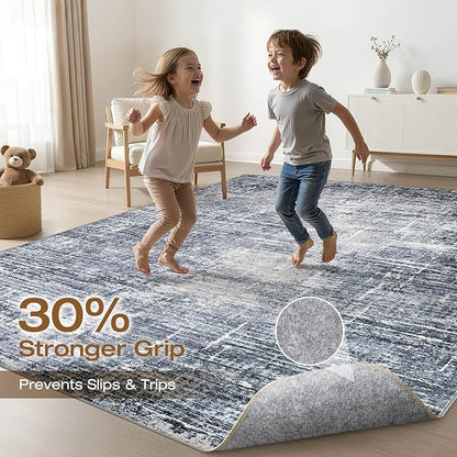 9x12 Area Rug Living Room: Washable Large Neutral Navy Rug Abstract Soft Modern Stain Resistant Indoor Floor Non-Slip Carpet for Bedroom Nursery Kids Office Playroom Dining Room Under Table Home